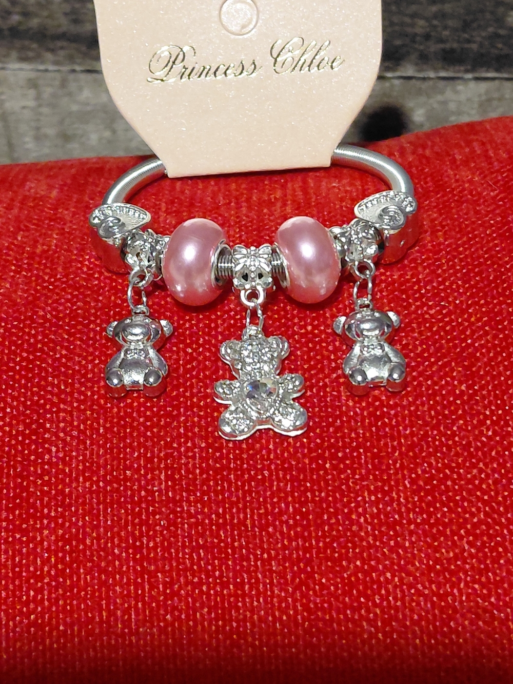 Pink Charm Bracelet with Teddy Bear Charms